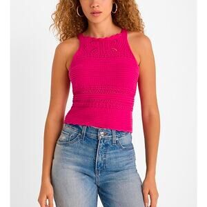Express Womens Large Crochet Knit Tank Top Pink Fuschia High Neck Scallop Halter
